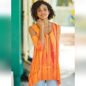 Soft Surroundings 'Sun Bleached' Tunic Top Cold Shoulder Orange Tie-Dye size M
